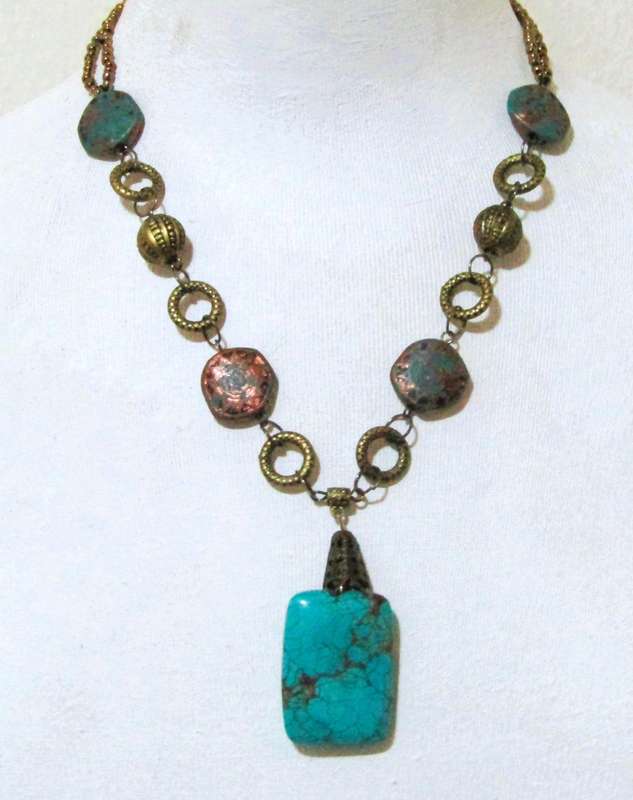 Vintage Brass-Tone Pendant Necklace | Hand-Made with Turquoise Beads & Simulated Stone