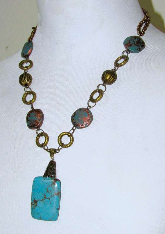 Vintage Brass-Tone Pendant Necklace | Hand-Made with Turquoise Beads & Simulated Stone