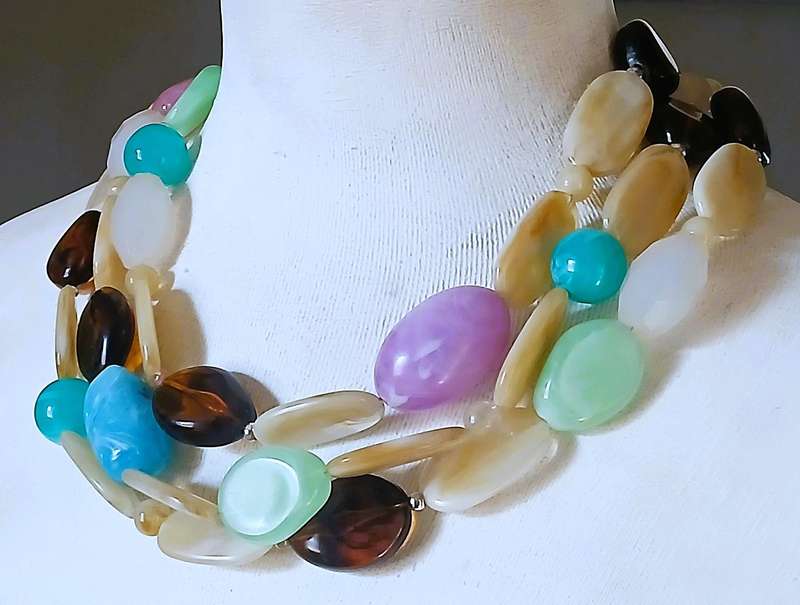 Vintage Chunky Lucite Bead Necklace | Three-Strand Pastel & Amber Tones | Bold Statement Style