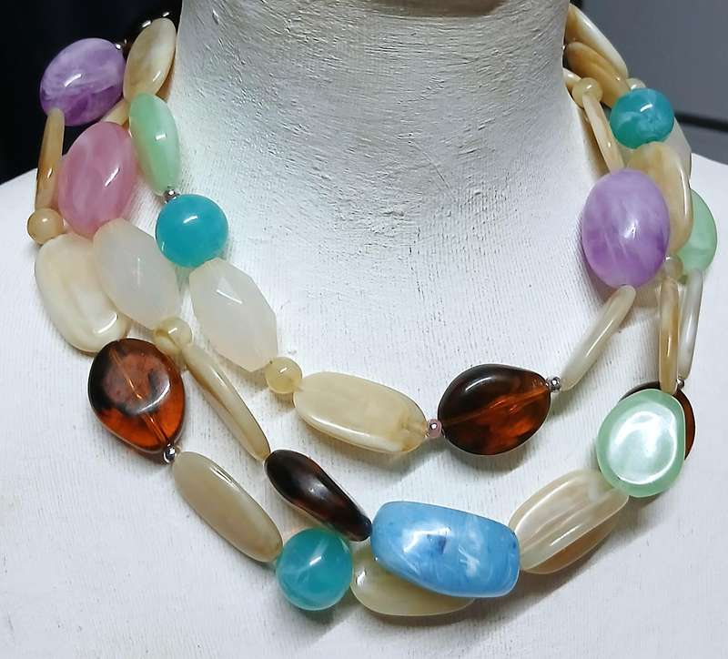 Vintage Chunky Lucite Bead Necklace | Three-Strand Pastel & Amber Tones | Bold Statement Style