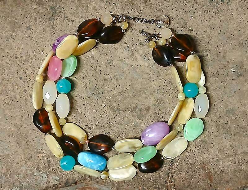 Vintage Chunky Lucite Bead Necklace | Three-Strand Pastel & Amber Tones | Bold Statement Style