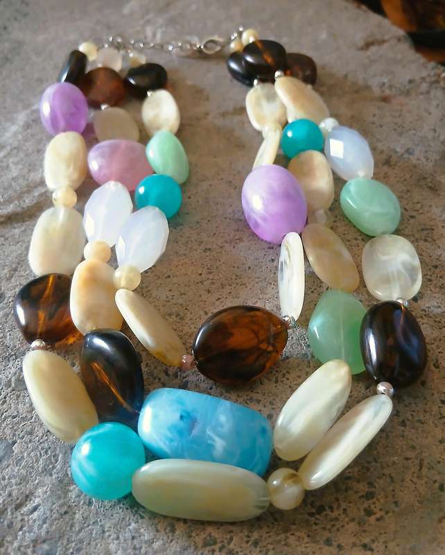 Vintage Chunky Lucite Bead Necklace | Three-Strand Pastel & Amber Tones | Bold Statement Style