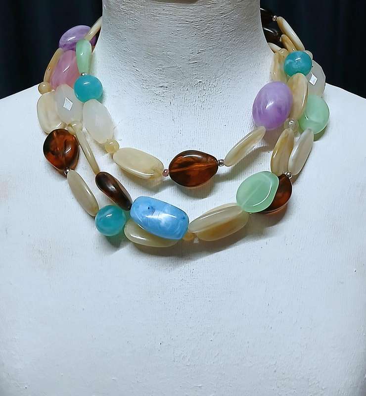 Vintage Chunky Lucite Bead Necklace | Three-Strand Pastel & Amber Tones | Bold Statement Style