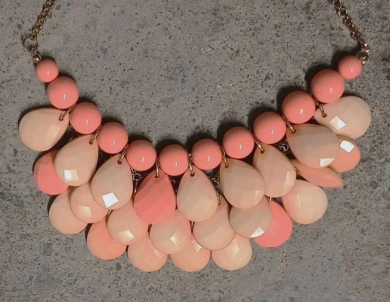 Vintage Coral-Toned Bib Statement Necklace | Faceted Drops & Graduated Beads | Gold-Tone Chain
