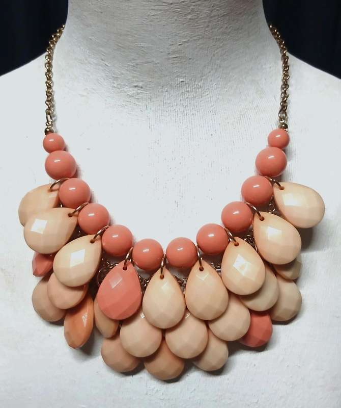Vintage Coral-Toned Bib Statement Necklace | Faceted Drops & Graduated Beads | Gold-Tone Chain
