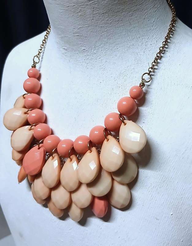 Vintage Coral-Toned Bib Statement Necklace | Faceted Drops & Graduated Beads | Gold-Tone Chain