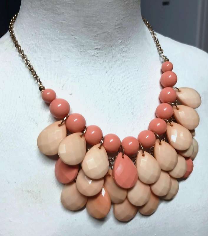 Vintage Coral-Toned Bib Statement Necklace | Faceted Drops & Graduated Beads | Gold-Tone Chain
