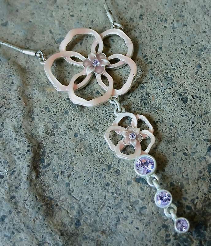 Vintage Pilgrim Necklace | Pink Enamel & Purple Crystal Floral | Danish Silver-Tone Design