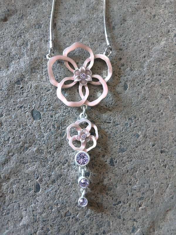 Vintage Pilgrim Necklace | Pink Enamel & Purple Crystal Floral | Danish Silver-Tone Design