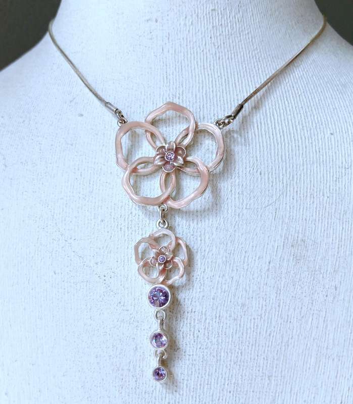 Vintage Pilgrim Necklace | Pink Enamel & Purple Crystal Floral | Danish Silver-Tone Design