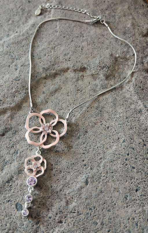 Vintage Pilgrim Necklace | Pink Enamel & Purple Crystal Floral | Danish Silver-Tone Design