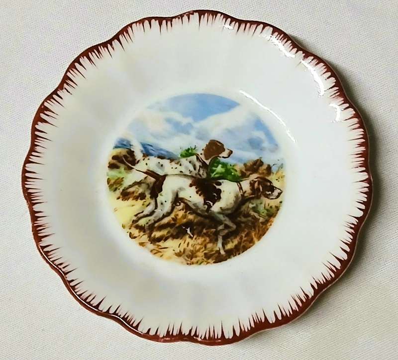 Vintage English Bone China Pin Dish | Hunting Dogs Scene | Ruffled Edge with Maroon Trim