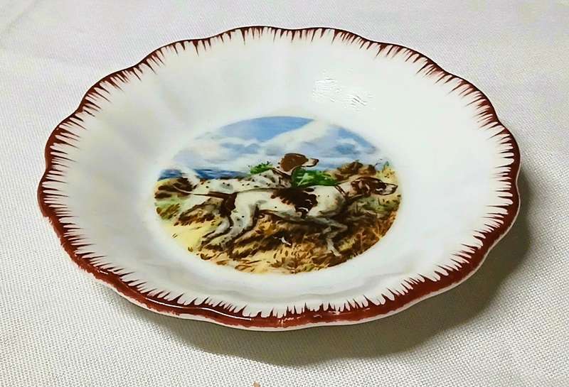 Vintage English Bone China Pin Dish | Hunting Dogs Scene | Ruffled Edge with Maroon Trim