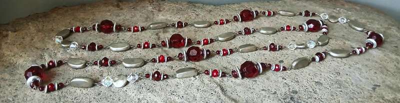 Vintage Extra Long Ruby Red Crystal Necklace | AB Accent & Silver-Tone Beads | Drama & Sparkle
