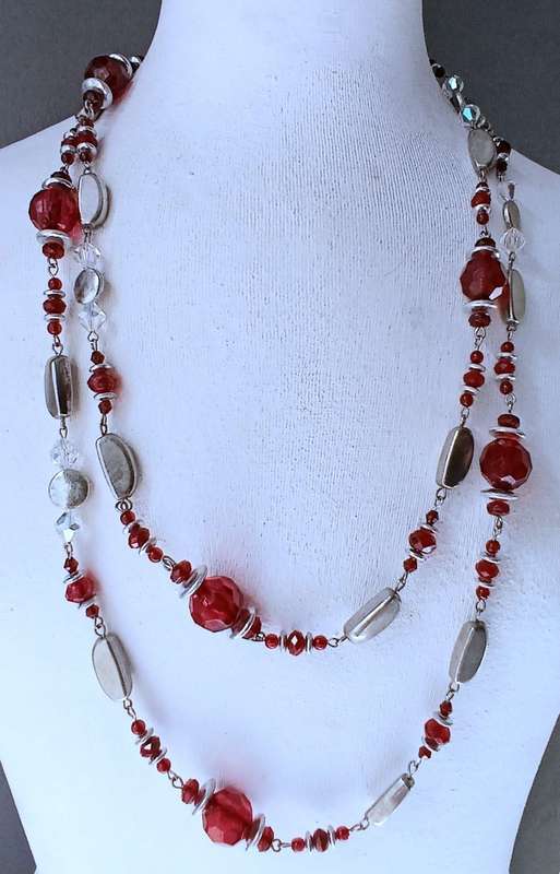 Vintage Extra Long Ruby Red Crystal Necklace | AB Accent & Silver-Tone Beads | Drama & Sparkle