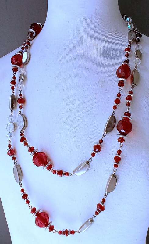 Vintage Extra Long Ruby Red Crystal Necklace | AB Accent & Silver-Tone Beads | Drama & Sparkle