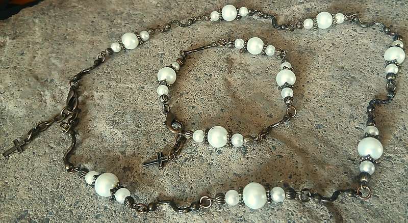 Vintage Faux Pearl Necklace & Bracelet Set | Antiqued Brass with Cross Charms | Rosary Style