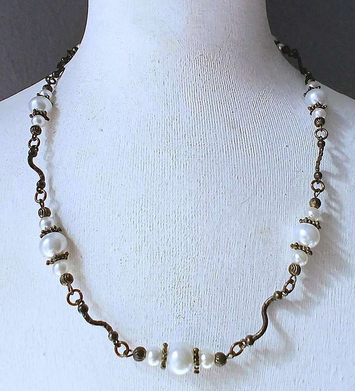 Vintage Faux Pearl Necklace & Bracelet Set | Antiqued Brass with Cross Charms | Rosary Style