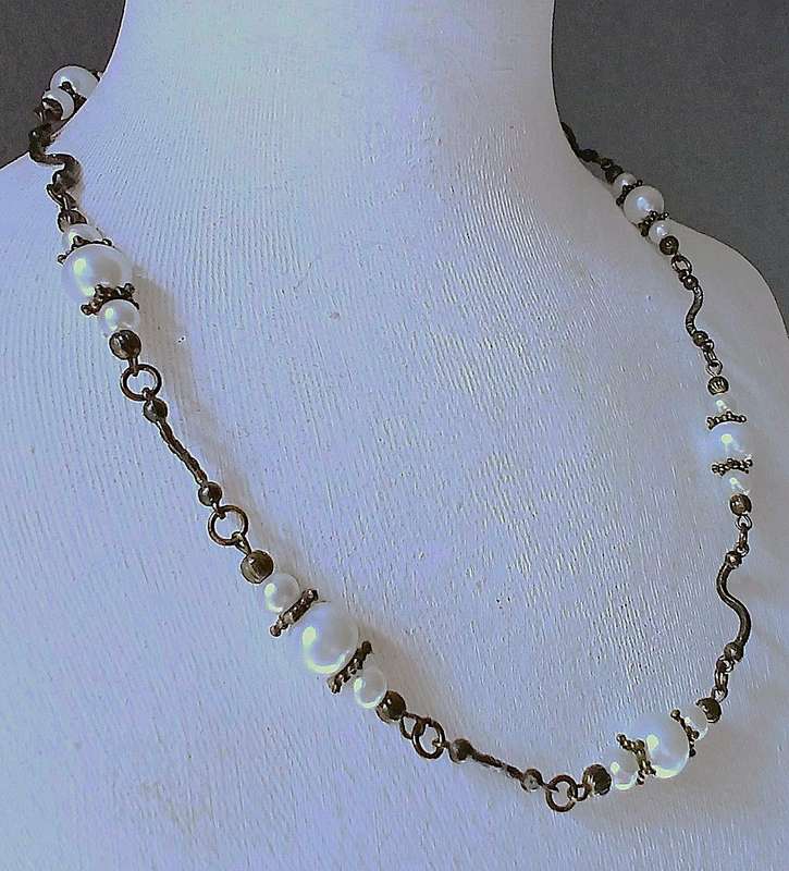 Vintage Faux Pearl Necklace & Bracelet Set | Antiqued Brass with Cross Charms | Rosary Style