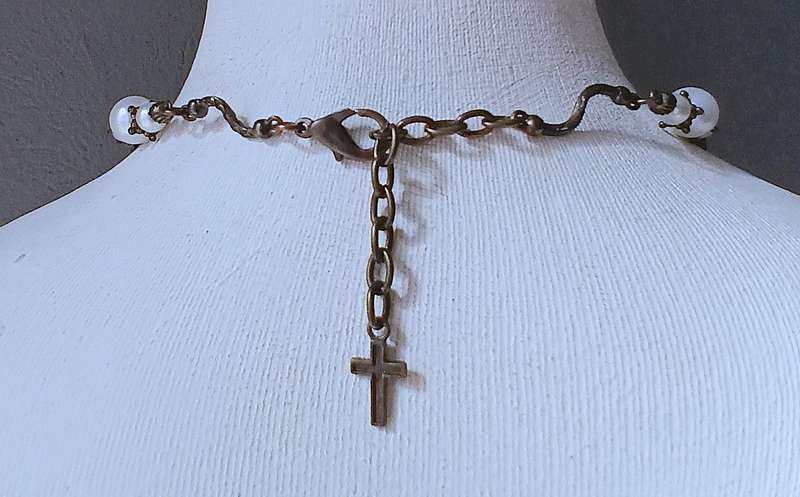 Vintage Faux Pearl Necklace & Bracelet Set | Antiqued Brass with Cross Charms | Rosary Style