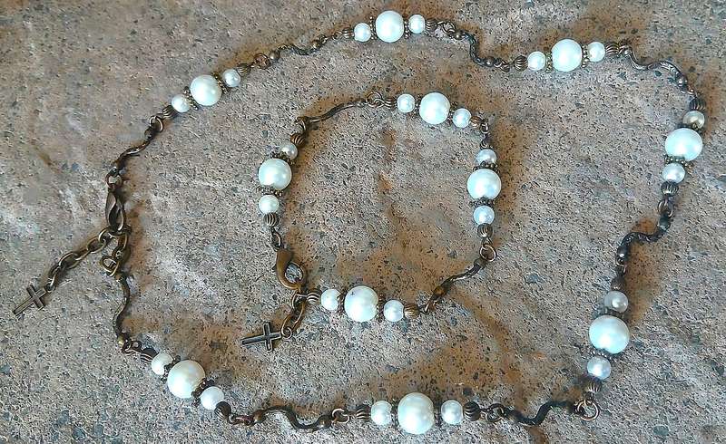 Vintage Faux Pearl Necklace & Bracelet Set | Antiqued Brass with Cross Charms | Rosary Style
