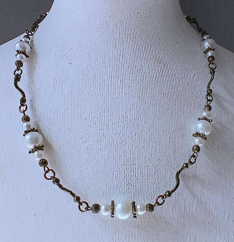 Vintage Faux Pearl Necklace & Bracelet Set | Antiqued Brass with Cross Charms | Rosary Style