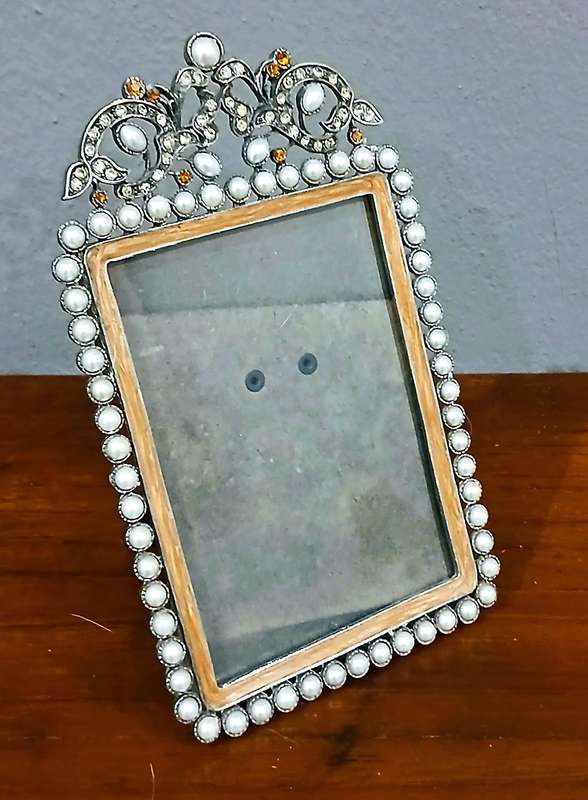 Vintage Faux Pearl & Rhinestone Standing Frame | Ornate Metal Scrollwork with Satin Back