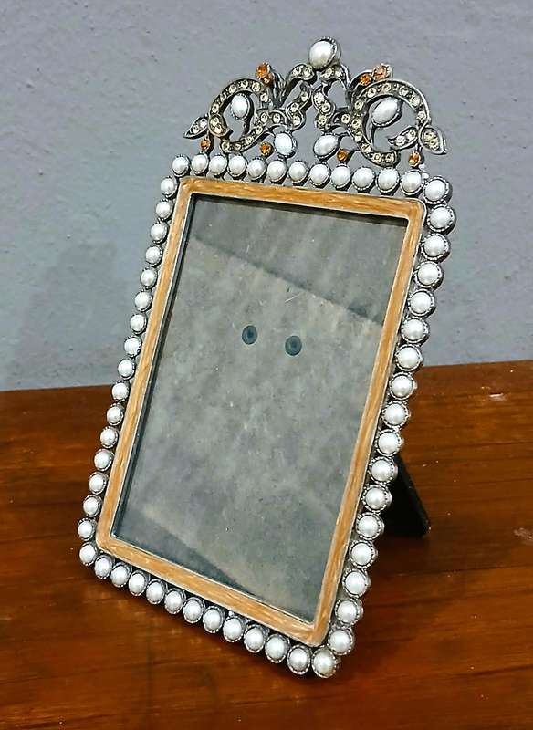 Vintage Faux Pearl & Rhinestone Standing Frame | Ornate Metal Scrollwork with Satin Back