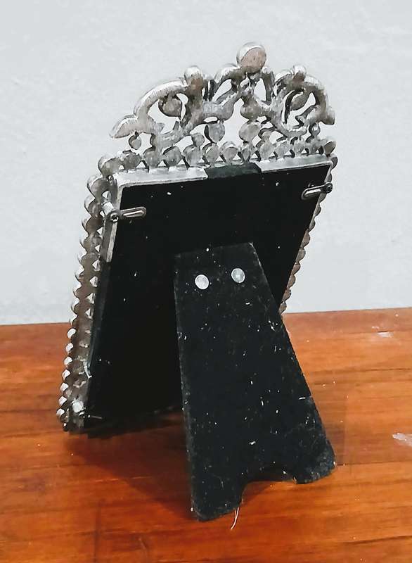 Vintage Faux Pearl & Rhinestone Standing Frame | Ornate Metal Scrollwork with Satin Back