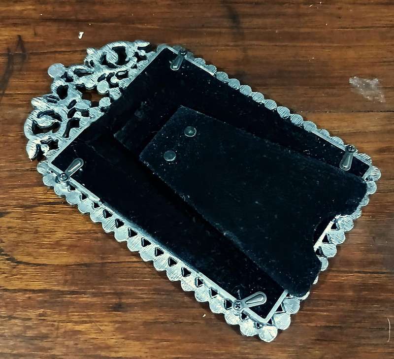 Vintage Faux Pearl & Rhinestone Standing Frame | Ornate Metal Scrollwork with Satin Back