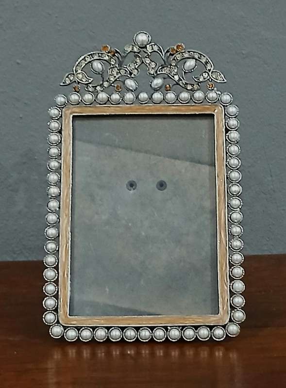 Vintage Faux Pearl & Rhinestone Standing Frame | Ornate Metal Scrollwork with Satin Back