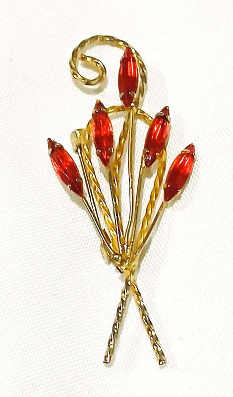 Vintage Gold-Tone Brooch with Red Plastic Crystals | Stylised Floral Spray | Unmarked Costume Jewel