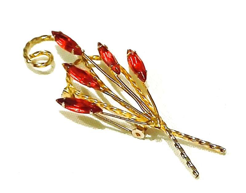 Vintage Gold-Tone Brooch with Red Plastic Crystals | Stylised Floral Spray | Unmarked Costume Jewel
