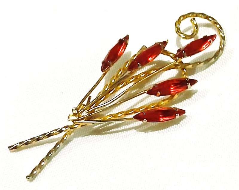Vintage Gold-Tone Brooch with Red Plastic Crystals | Stylised Floral Spray | Unmarked Costume Jewel