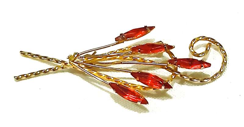 Vintage Gold-Tone Brooch with Red Plastic Crystals | Stylised Floral Spray | Unmarked Costume Jewel