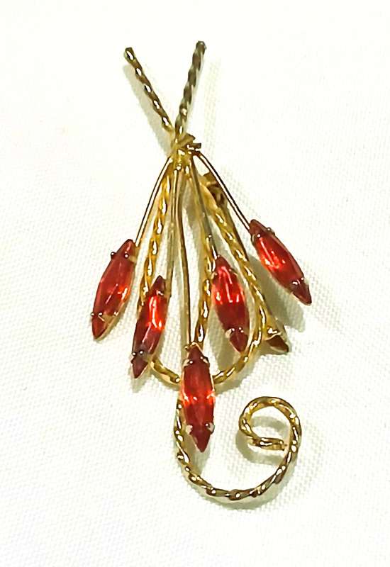 Vintage Gold-Tone Brooch with Red Plastic Crystals | Stylised Floral Spray | Unmarked Costume Jewel