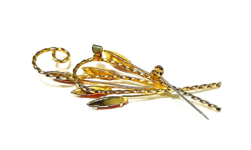 Vintage Gold-Tone Brooch with Red Plastic Crystals | Stylised Floral Spray | Unmarked Costume Jewel