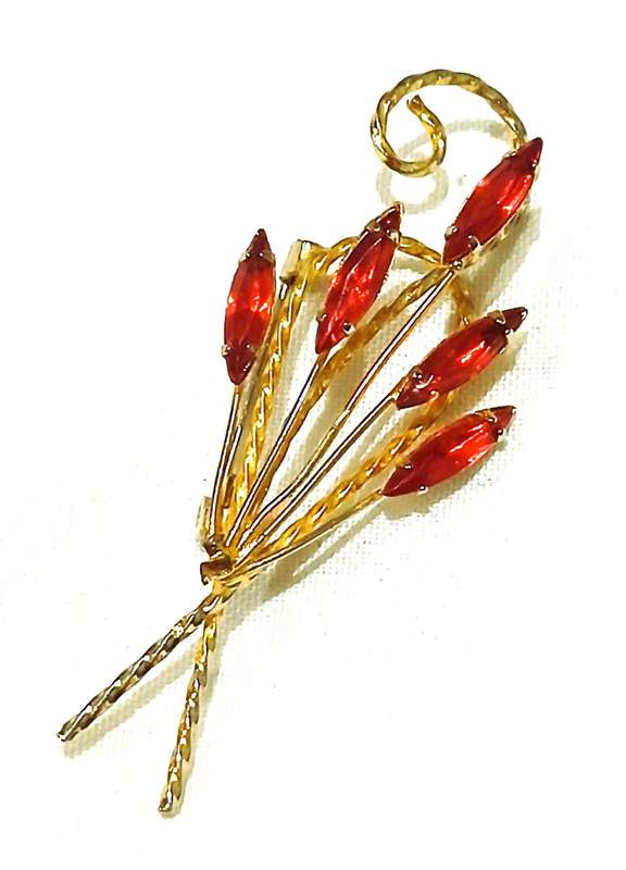 Vintage Gold-Tone Brooch with Red Plastic Crystals | Stylised Floral Spray | Unmarked Costume Jewel