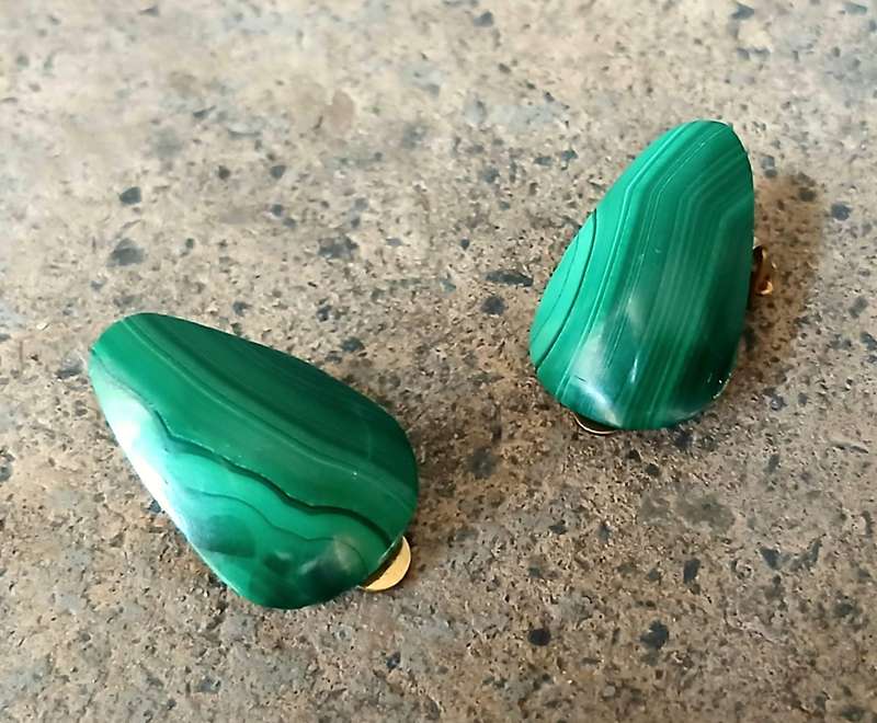 Vintage Malachite Clip-On Earrings | Polished Green Gemstone | Gold-Tone Backs