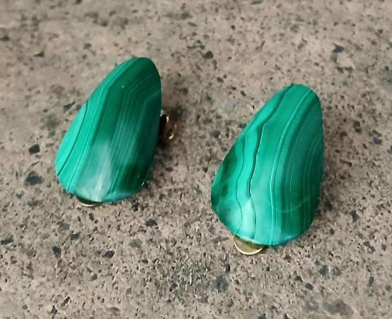 Vintage Malachite Clip-On Earrings | Polished Green Gemstone | Gold-Tone Backs
