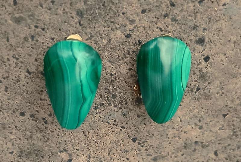 Vintage Malachite Clip-On Earrings | Polished Green Gemstone | Gold-Tone Backs