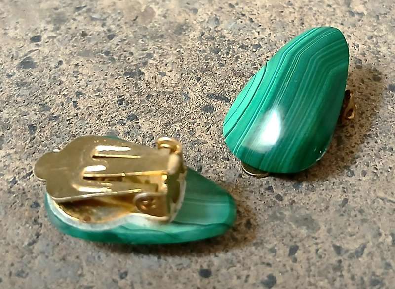 Vintage Malachite Clip-On Earrings | Polished Green Gemstone | Gold-Tone Backs