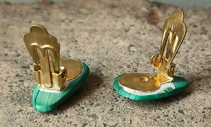 Vintage Malachite Clip-On Earrings | Polished Green Gemstone | Gold-Tone Backs