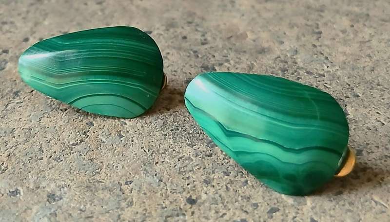 Vintage Malachite Clip-On Earrings | Polished Green Gemstone | Gold-Tone Backs