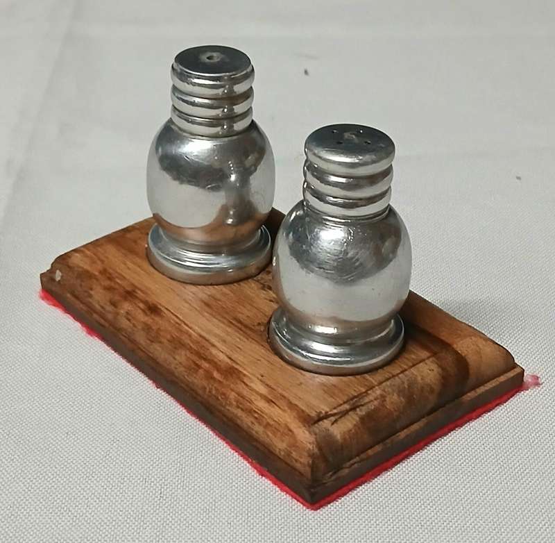 Vintage Mid-Century Salt & Pepper Shakers | Silver Metal on Teak Wood Stand | Possibly South African