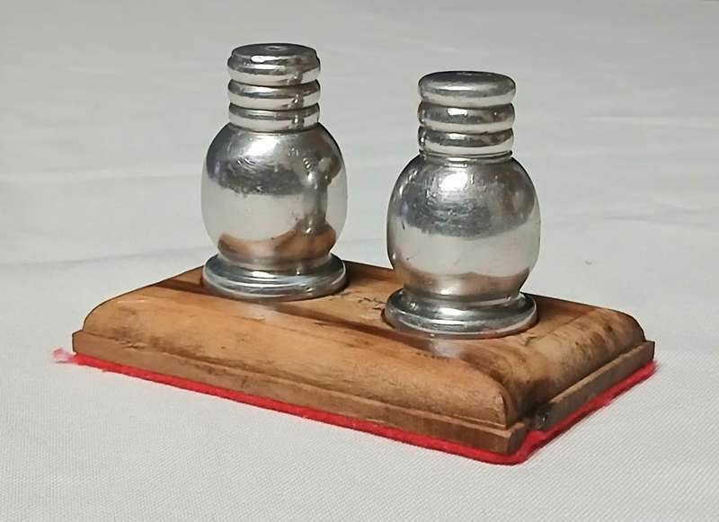 Vintage Mid-Century Salt & Pepper Shakers | Silver Metal on Teak Wood Stand | Possibly South African