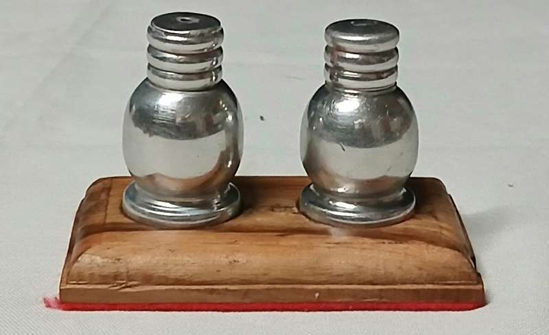 Vintage Mid-Century Salt & Pepper Shakers | Silver Metal on Teak Wood Stand | Possibly South African