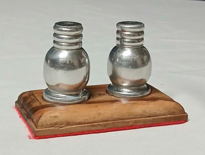 Vintage Mid-Century Salt & Pepper Shakers | Silver Metal on Teak Wood Stand | Possibly South African