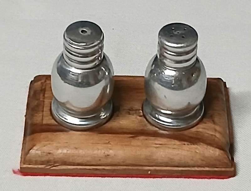 Vintage Mid-Century Salt & Pepper Shakers | Silver Metal on Teak Wood Stand | Possibly South African