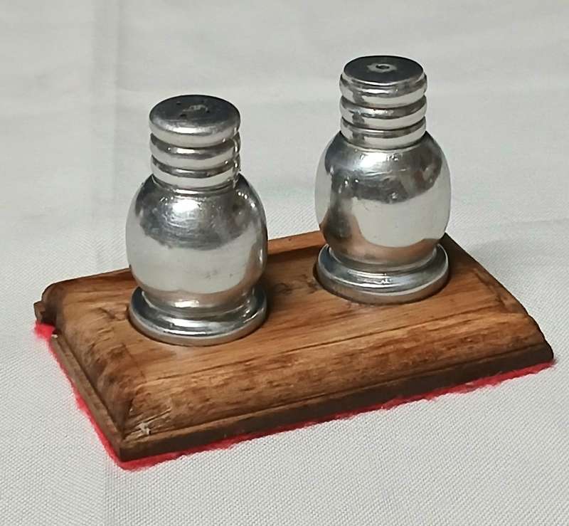 Vintage Mid-Century Salt & Pepper Shakers | Silver Metal on Teak Wood Stand | Possibly South African